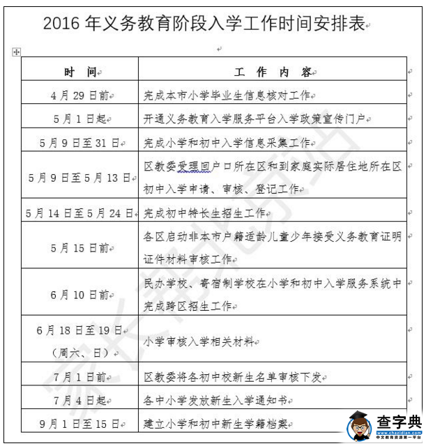 2016北京幼升小、小升初入学工作时间安排表1