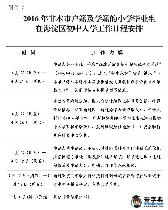 2016年北京海淀区非京籍小升初入学日程安排表1
