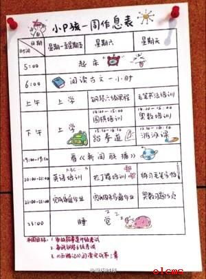 “北大虎妈”给9岁娃制作作息表 每天学习18小时