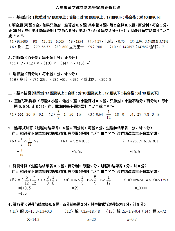 2017年小学数学模拟试卷浙教版第二套答案1