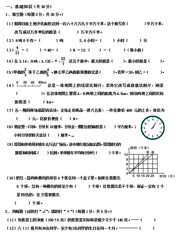 2017年小学数学模拟试卷浙教版第九套1